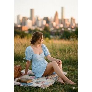 NWTS Cotton Milkmaid Dress Light Blue Smocked Bodice Puff Sleeve Womens Size M